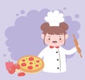 Cute girl chef cartoon character holding rolling pin and pizza Royalty Free Stock Photo