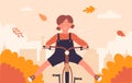 Cute girl child cyclist riding bike fast on city street road with fun, autumn landscape