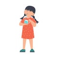 Cute girl child drinks water from glass jar with straw, flat vector illustration isolated on white background. Royalty Free Stock Photo