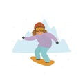 Cute girl child snowboarding in mountains resort