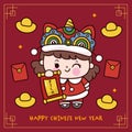 Cute girl Chinese New Year Dragon cartoon holding label greeting card. Series: Zodiac vector 2024 Wish you rich and wealth