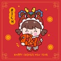 Cute girl Chinese New Year Dragon cartoon holding lucky fish greeting card. Series: Zodiac vector 2024