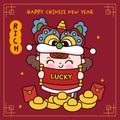 Cute girl Chinese New Year Dragon cartoon holding lucky label greeting card. Series: Zodiac vector 2024