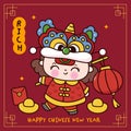 Cute girl Chinese New Year Dragon cartoon holding lucky lamp red greeting card. Series: Zodiac vector 2024