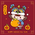 Cute girl Chinese New Year Dragon cartoon holding lucky orange greeting card. Series: Zodiac vector 2024