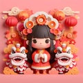 The cute girl Chinese New Year paper art - Generative AI