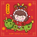 Cute girl Chinese New Year ride Dragon cartoon greeting card. Series: Zodiac vector 2024 Wish you rich and wealth