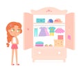 Cute girl choosing dress for fashion outfit in pink wardrobe vector illustration. Cartoon kid standing and choosing Royalty Free Stock Photo