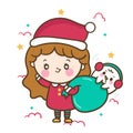 Cute girl Christmas character cartoon merry x mas santa vector: Happy New year festival snow season: Perfect kid greeting card