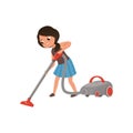 Cute girl cleaning mirror cleaning the floor with vacuum cleaner, home cleaning and homework vector Illustration on a