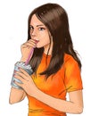 Cute girl and cold drink, cute girl is drinking beverage, girl, cute, iced drink, iced coffee, frappe coffee, crunchy drink, drink