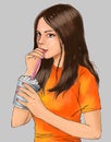 Cute girl and cold drink, cute girl is drinking beverage, girl, cute, iced drink, iced coffee, frappe coffee, crunchy drink, drink