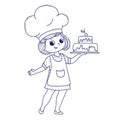 Cute girl for coloring book. Girl bakes a cake