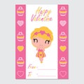 Cute girl on cupcake border cartoon illustration for Happy Valentine card design