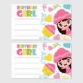 Cute girl and cupcake cartoon illustration for Happy Birthday card design Royalty Free Stock Photo