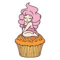 Cute girl on cupcake. Isolated objects on white background. Vector illustration. Royalty Free Stock Photo