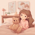cute girl and cute teddy bear in the bedroom cartoon illustration, simple 2d digital art Royalty Free Stock Photo