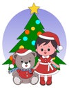 Cute Girl Cute Toy teddy bear and christmas pine tree, new year, christmas, cute, girl, child, toy, teddy bear, teddy bear