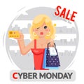Cute girl cyber monday sale shop background design vector illustration