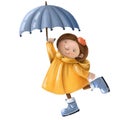 cute girl dancing under rain with umbrella, children's illustration, autumn clipart with cartoon character Royalty Free Stock Photo