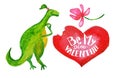 Cute girl dinosaur with bitten heart and flower. Watercolor illustration for Happy Valentine Day postcard.