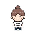 Cute girl doctor holding stay safe cartoon icon illustration