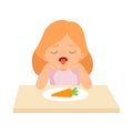 Cute Girl Does Not Want to Eat Carrot, Kid Does Not Like Vegetables Vector Illustration Royalty Free Stock Photo