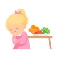 Cute Girl Does Not Want to Eat Vegetables, Kid Does Not Like Healthy Food Vector Illustration Royalty Free Stock Photo