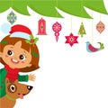 Cute Girl And Dog Near The Christmas Tree. Vector Christmas Cartoon Banner.