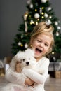 Beautiful girl with dog sitting near the Christmas tree. Merry Christmas and Happy Holidays. Royalty Free Stock Photo