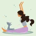 A cute girl is doing yoga with her gray cat. Young woman doing stretching. Near a funny curious kitten. Vector, cartoon