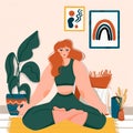 Cute girl doing yoga poses. Lifestyle by young woman in home interior with homeplants. Fashion illustration by femininity, beauty