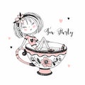 Cute girl drinking tea. Tea party. Vector. Doodle style.