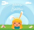 Cute girl easter bunny rabbit hole egg icon sky grass background template