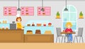 Cute Girl Eating Desserts at Table in Cafe, Cafeteria Interior, Confectionery Shop with Sweets Assortment Cartoon Vector Royalty Free Stock Photo