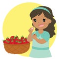 Cute Girl Eating Strawberry Cartoon Vector Royalty Free Stock Photo