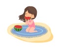 Cute Girl Eating Watermelon on the Beach, Kids Summer Holidays Activities Cartoon Vector Illustration Royalty Free Stock Photo