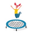 Cute girl enjoy jumping and bouncing on trampoline. Flat vector illustration Royalty Free Stock Photo