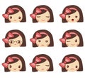Cute girl face with red bow showing the different emotions vector illustration. Vector set of emoji and emoticons.