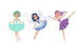 Cute Girl Fairies with Wings Set, Adorable Girls Flying in Colorful Pretty Blue and Purple Dresses Cartoon Vector