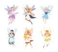 Cute Girl Fairy Flying with Wings and Magic Wand Vector Illustration Set Royalty Free Stock Photo