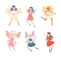 Cute Girl Fairy Flying with Wings and Magic Wand Vector Illustration Set Royalty Free Stock Photo