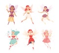 Cute Girl Fairy Flying with Wings and Magic Wand Vector Illustration Set Royalty Free Stock Photo