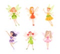Cute Girl Fairy Flying with Wings and Magic Wand Vector Set Royalty Free Stock Photo