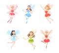 Cute Girl Fairy Flying with Wings and Magic Wand Vector Set Royalty Free Stock Photo