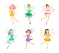 Cute Girl Fairy Flying with Wings and Magic Wand Vector Set Royalty Free Stock Photo