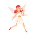 Cute Girl Fairy Flying with Wings and Smelling Flower Vector Illustration