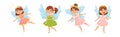 Cute Girl Fairy with Magic Wand Flying with Wings Vector Set. Royalty Free Stock Photo