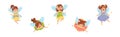 Cute Girl Fairy with Magic Wand Flying with Wings Vector Set. Royalty Free Stock Photo