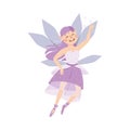 Cute Girl Fairy with Purple Hair Flying with Wings Vector Illustration